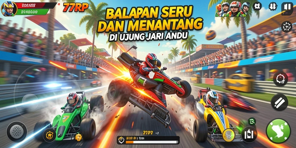 Tampilan gameplay mendebarkan dari 77RP saat balapan di trek yang menantang.