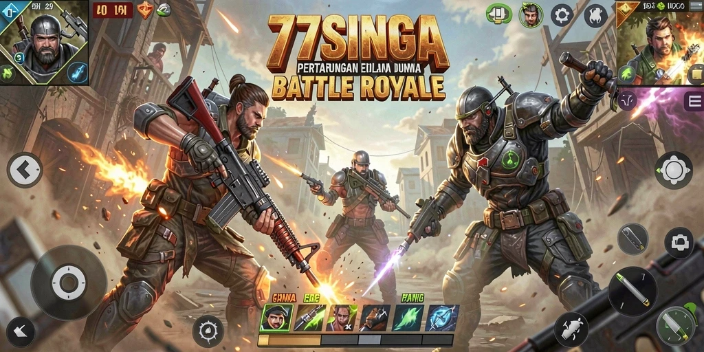 Screenshot 77SINGA menampilkan aksi seru dalam permainan Battle Royale.
