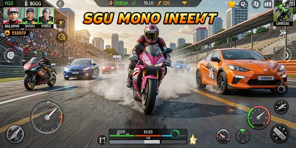 Tampilan gameplay seru dari 8G8G dengan balapan motor yang mendebarkan.