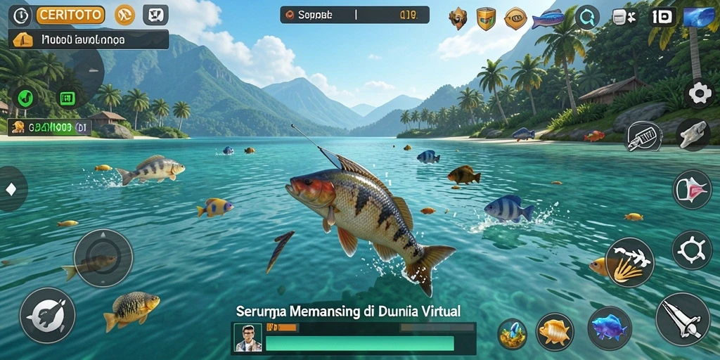 Screenshot gameplay CERITOTO yang menunjukkan aksi memancing seru.