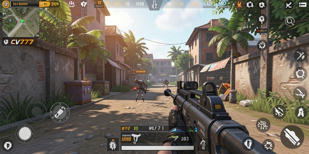 Screenshot gameplay <strong>CV777</strong> menunjukkan aksi intens di medan tempur TPS.