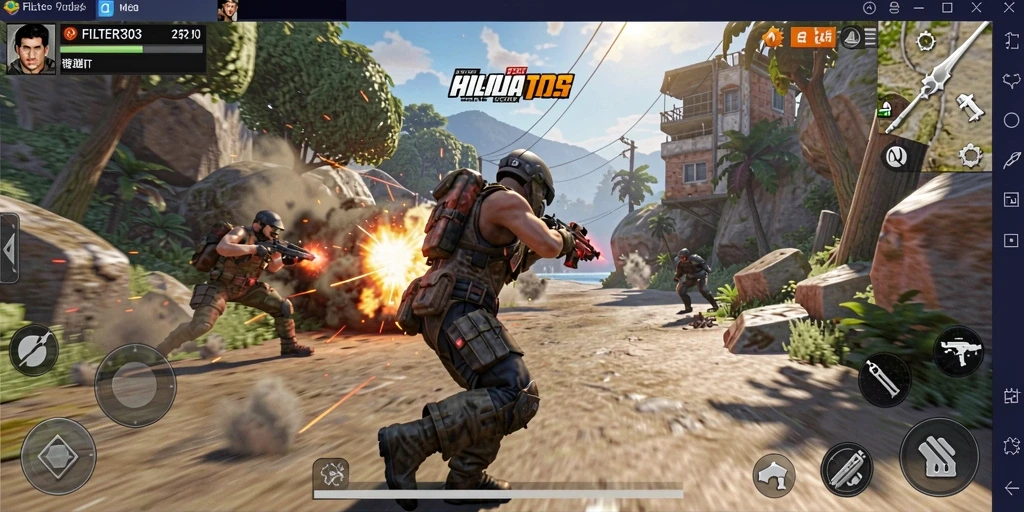 Screenshot gameplay FILTER303 menampilkan aksi tembak-menembak yang intens.