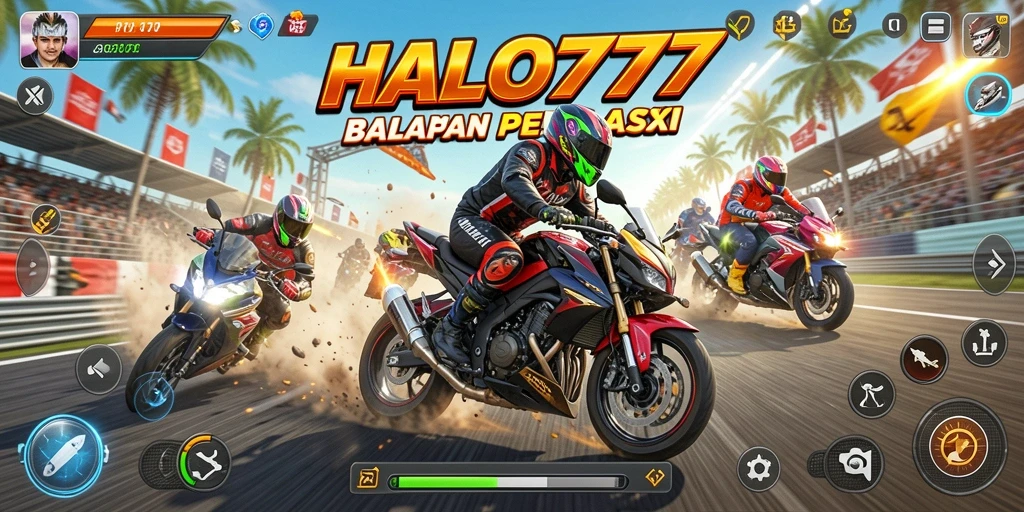Screenshot utama HALO777 dengan aksi balapan motor yang mendebarkan.