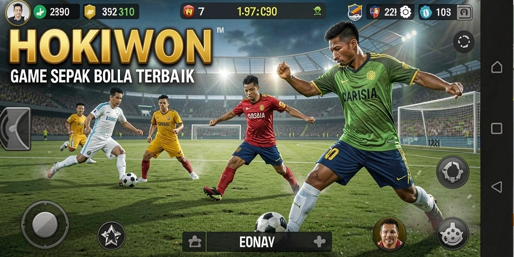 Screenshot gameplay HOKIWON menampilkan aksi seru sepak bola.