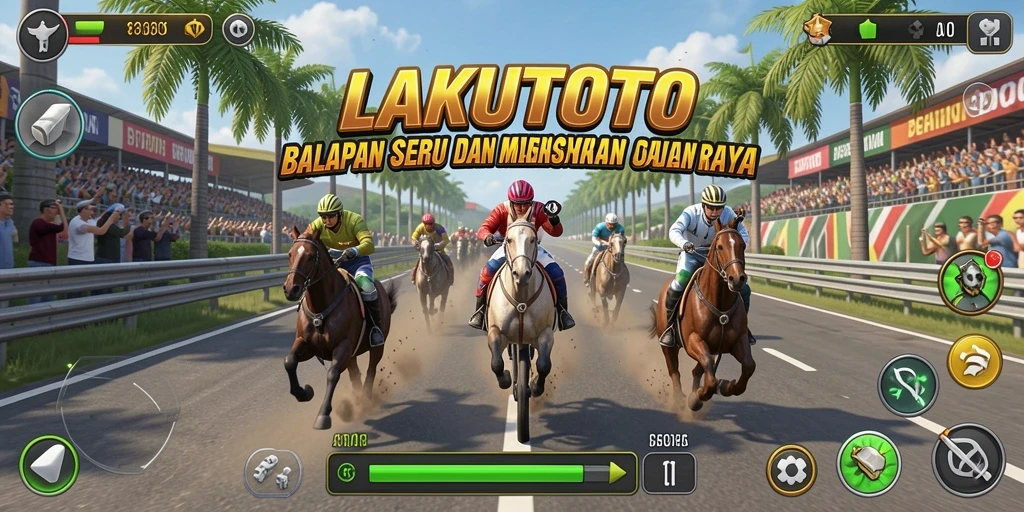 Screenshot LAKUTOTO menampilkan aksi balapan seru di trek penuh tantangan.