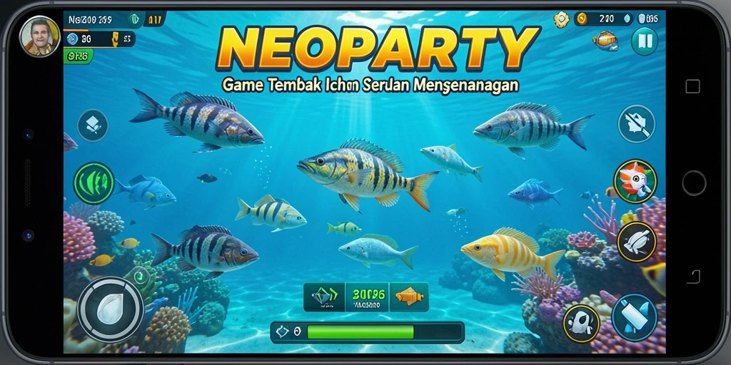 Screenshot gameplay NEOPARTY dengan banyak ikan yang bisa ditangkap.