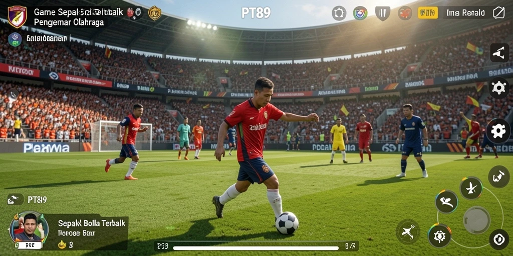 Tampilan gameplay PT89 dengan aksi sepak bola yang seru.